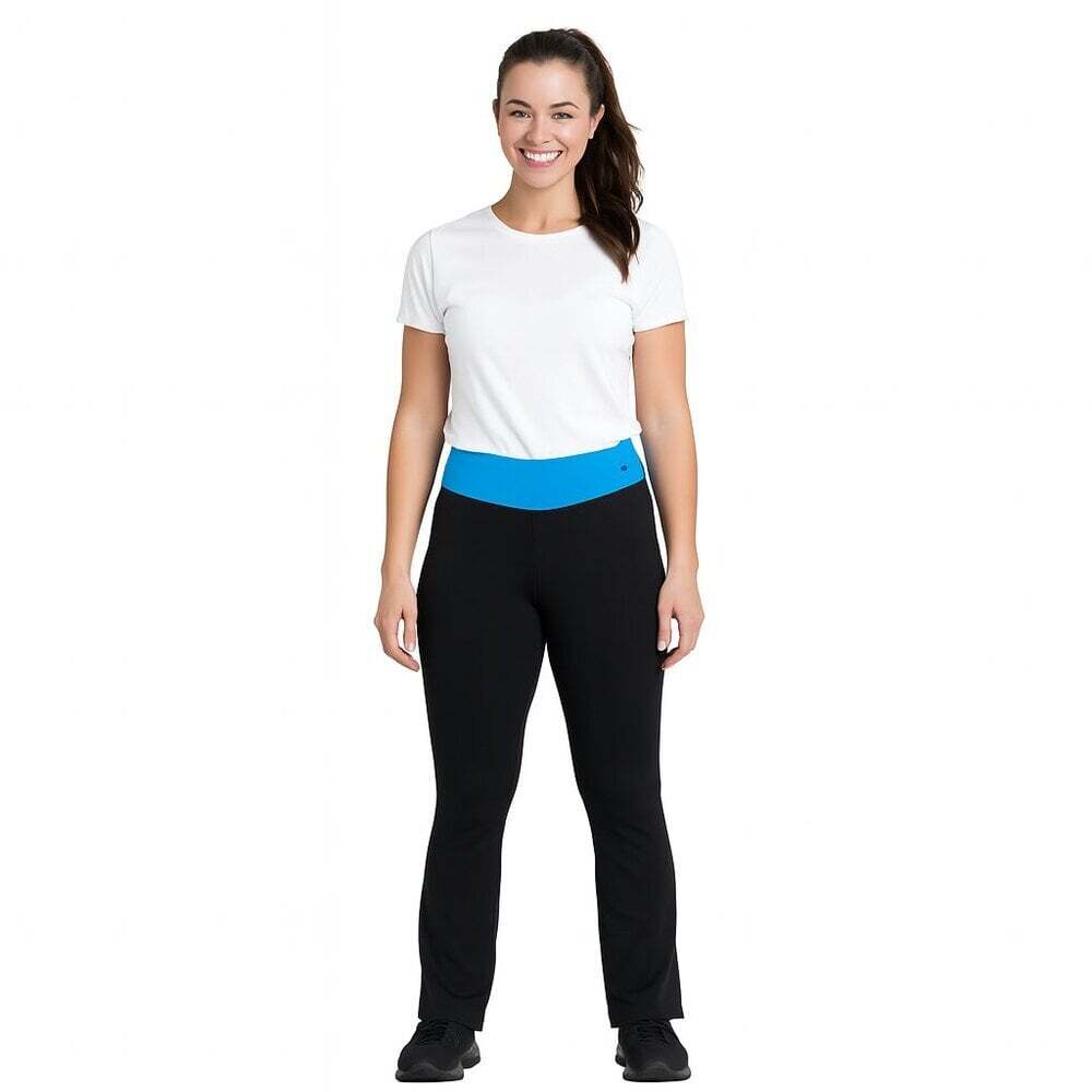 Nike Fit Dry Yoga Pants L Black Straight Leg Turquoise Waistband Stretch Workout